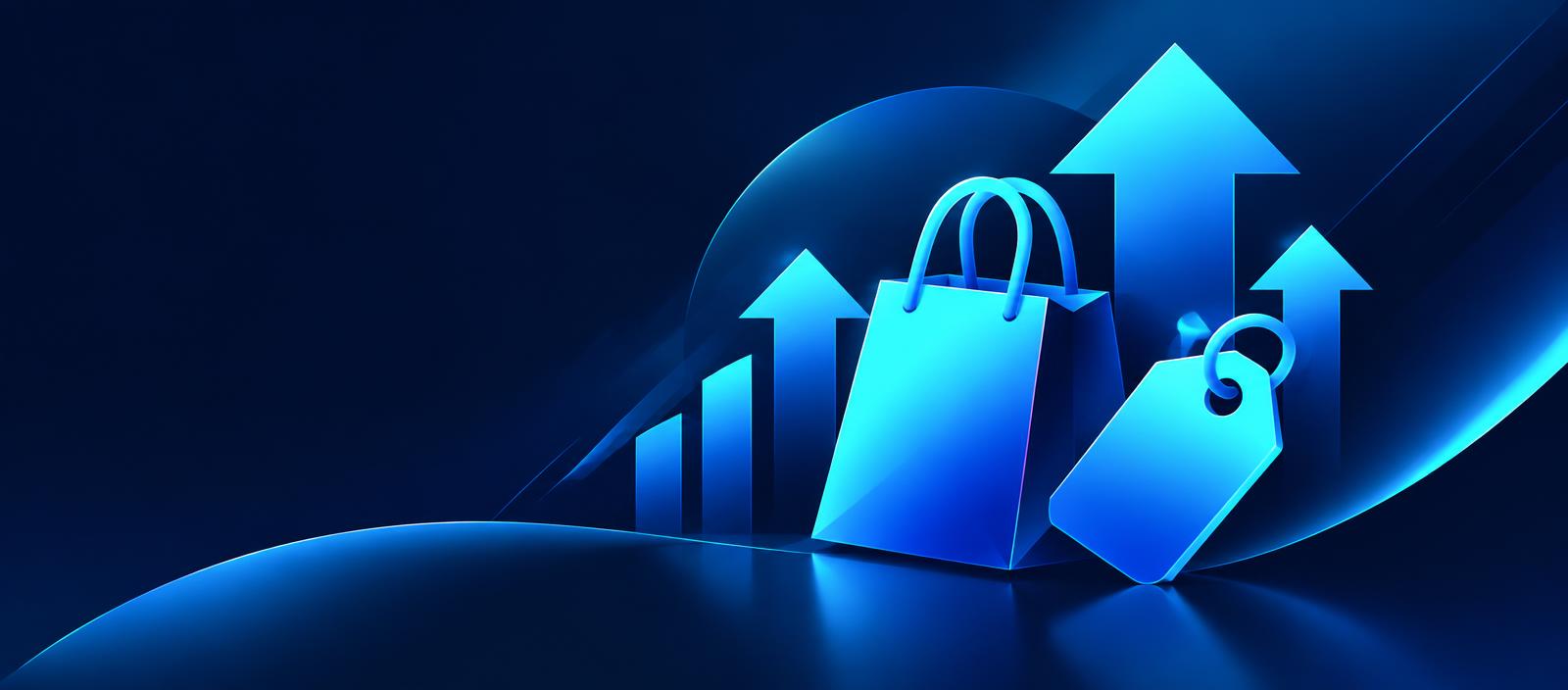 Composição gráfica com sacola de compras e etiqueta representando ações promocionais