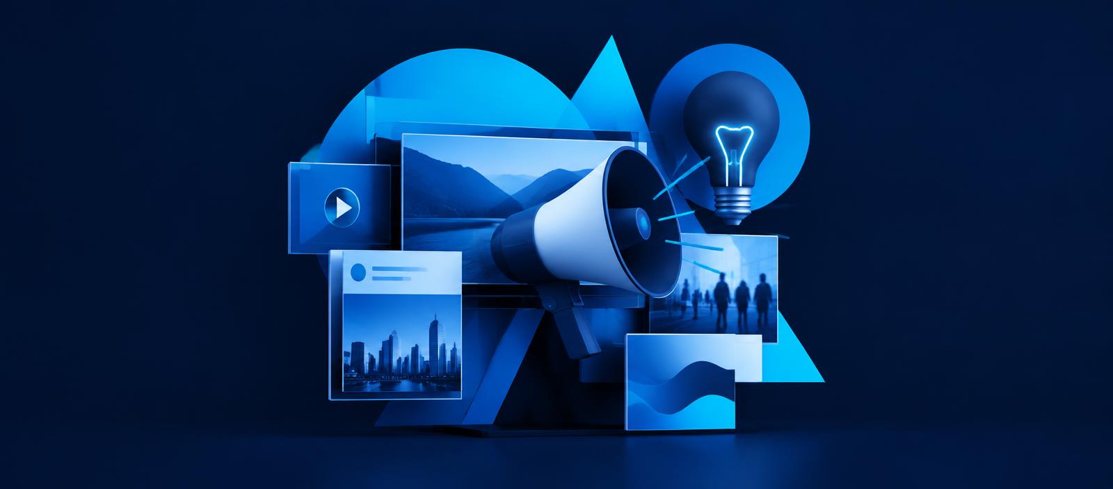 Composição gráfica com telas de mídia, megafone e ideia representando publicidade