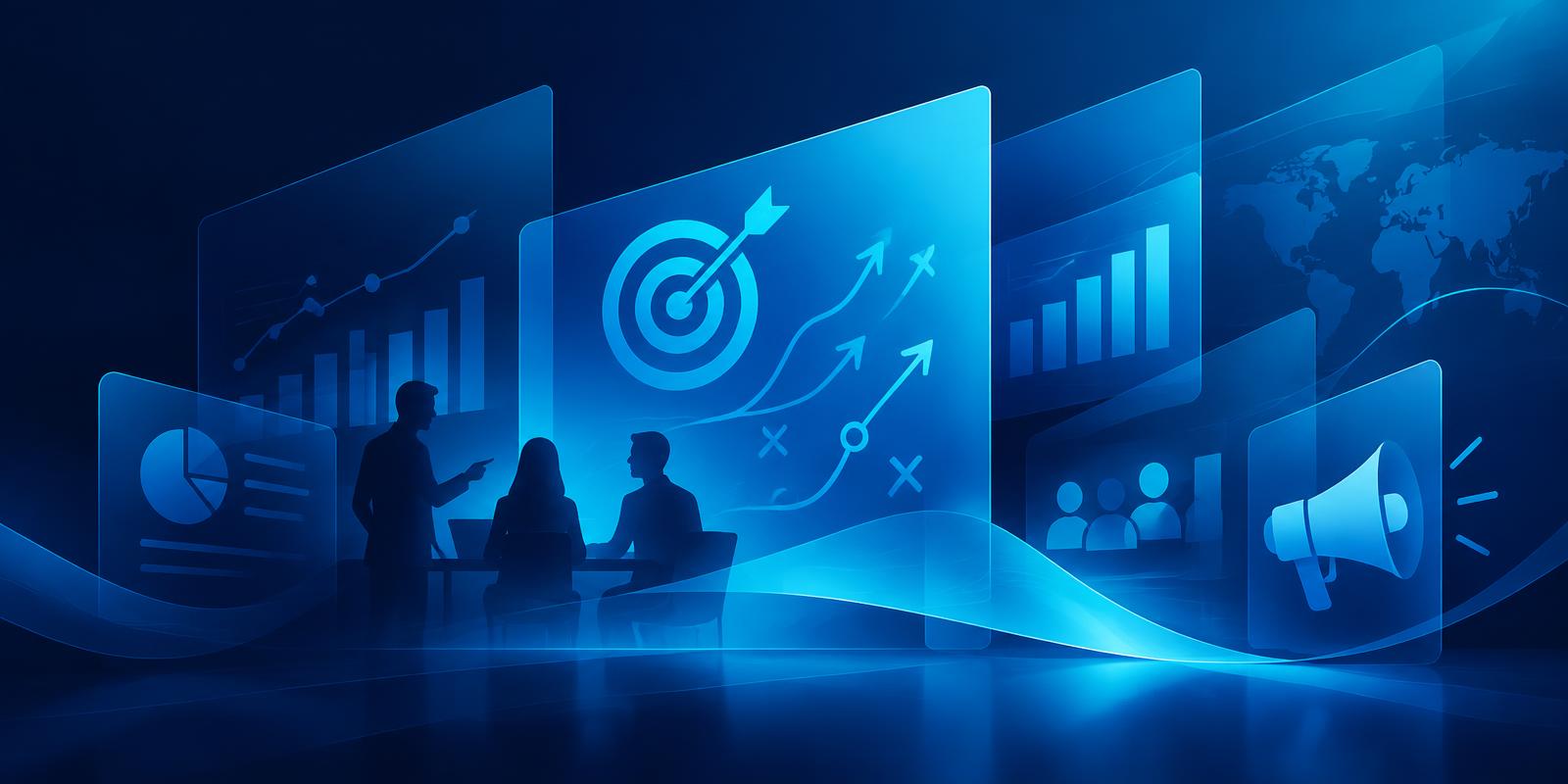 Composição gráfica representando planejamento de marketing e comunicação