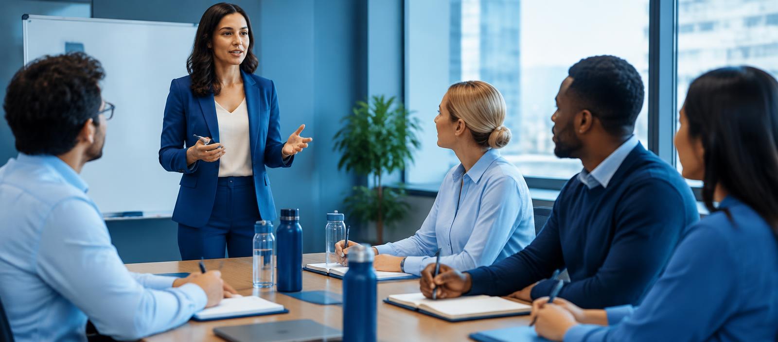 Instrutora conduzindo treinamento corporativo para um grupo de profissionais